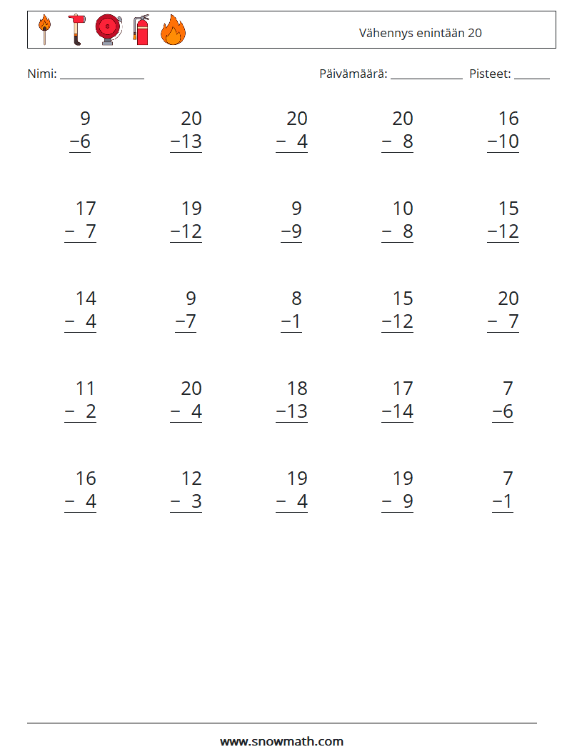 (25) Vähennys enintään 20 Matematiikan laskentataulukot 3