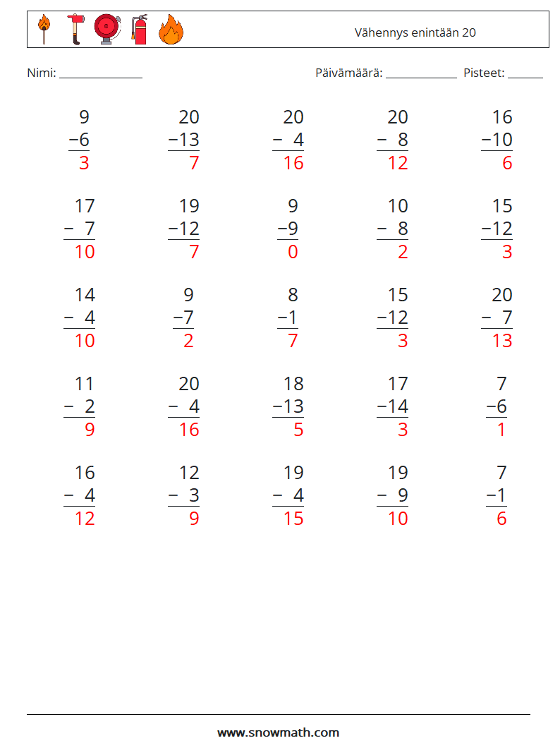 (25) Vähennys enintään 20 Matematiikan laskentataulukot 3 Kysymys, vastaus