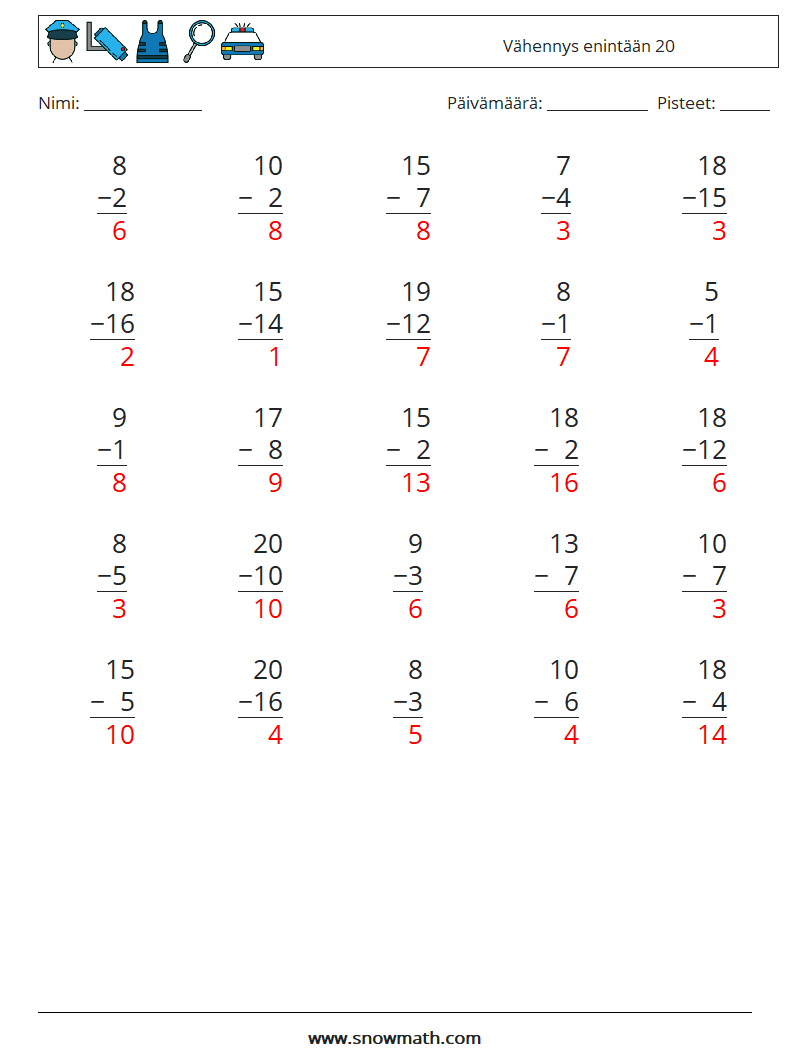 (25) Vähennys enintään 20 Matematiikan laskentataulukot 4 Kysymys, vastaus