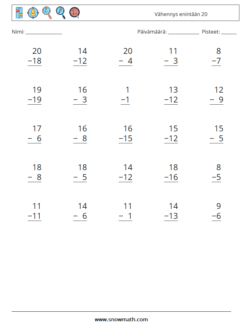 (25) Vähennys enintään 20 Matematiikan laskentataulukot 5