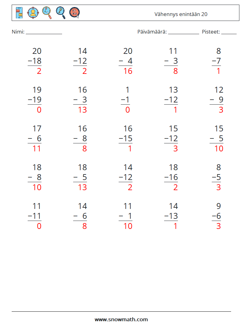 (25) Vähennys enintään 20 Matematiikan laskentataulukot 5 Kysymys, vastaus