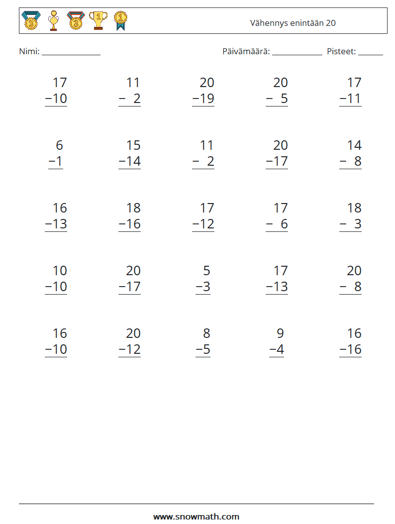 (25) Vähennys enintään 20 Matematiikan laskentataulukot 6