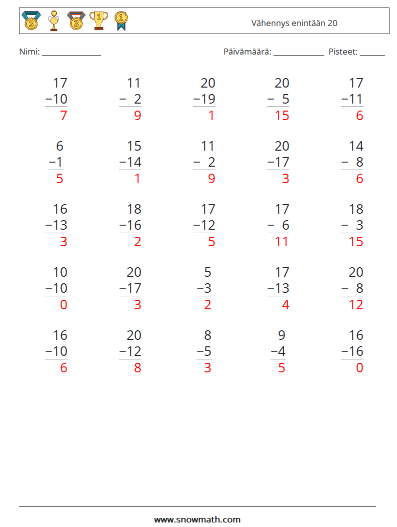 (25) Vähennys enintään 20 Matematiikan laskentataulukot 6 Kysymys, vastaus