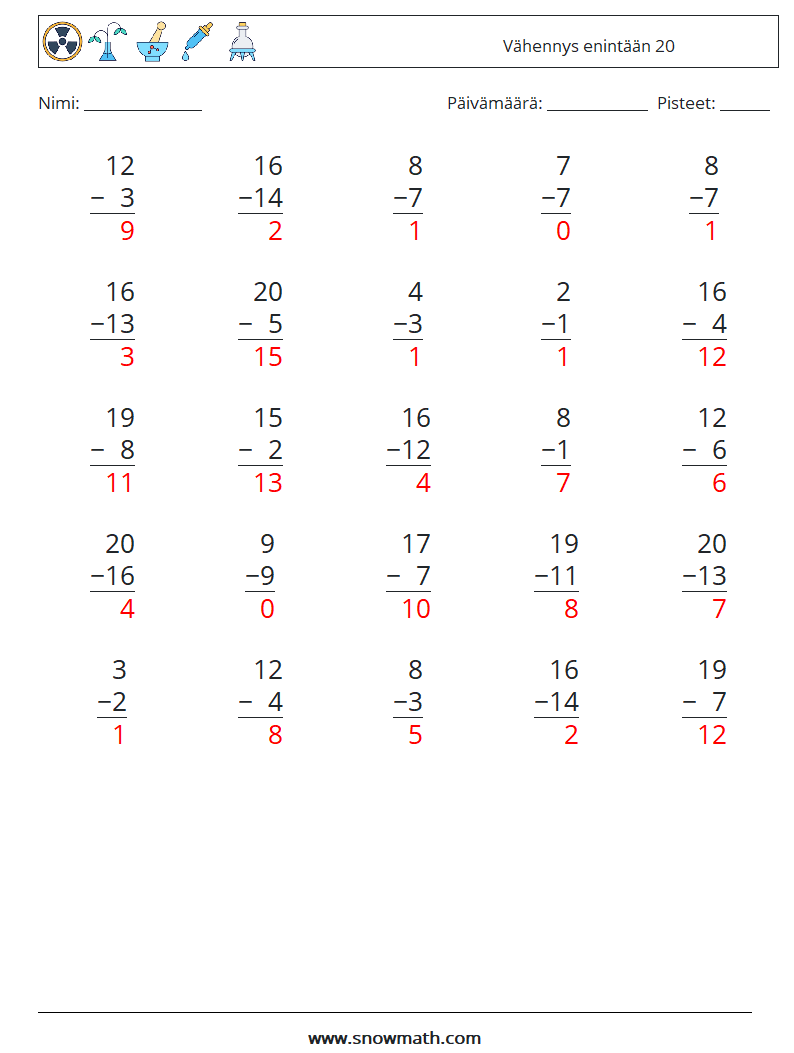 (25) Vähennys enintään 20 Matematiikan laskentataulukot 7 Kysymys, vastaus