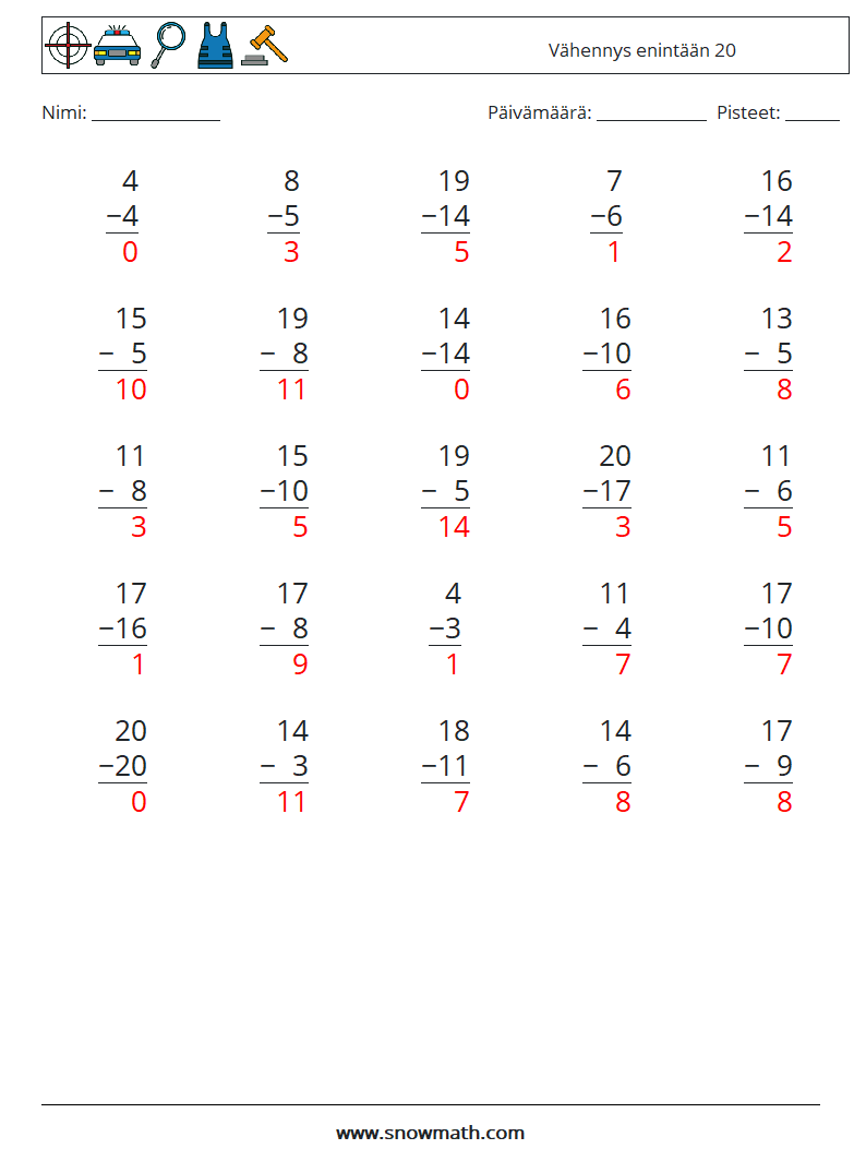 (25) Vähennys enintään 20 Matematiikan laskentataulukot 8 Kysymys, vastaus