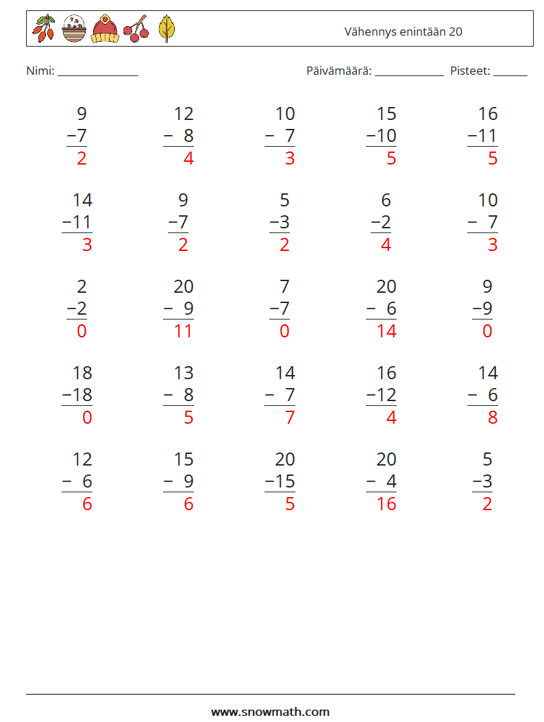 (25) Vähennys enintään 20 Matematiikan laskentataulukot 9 Kysymys, vastaus