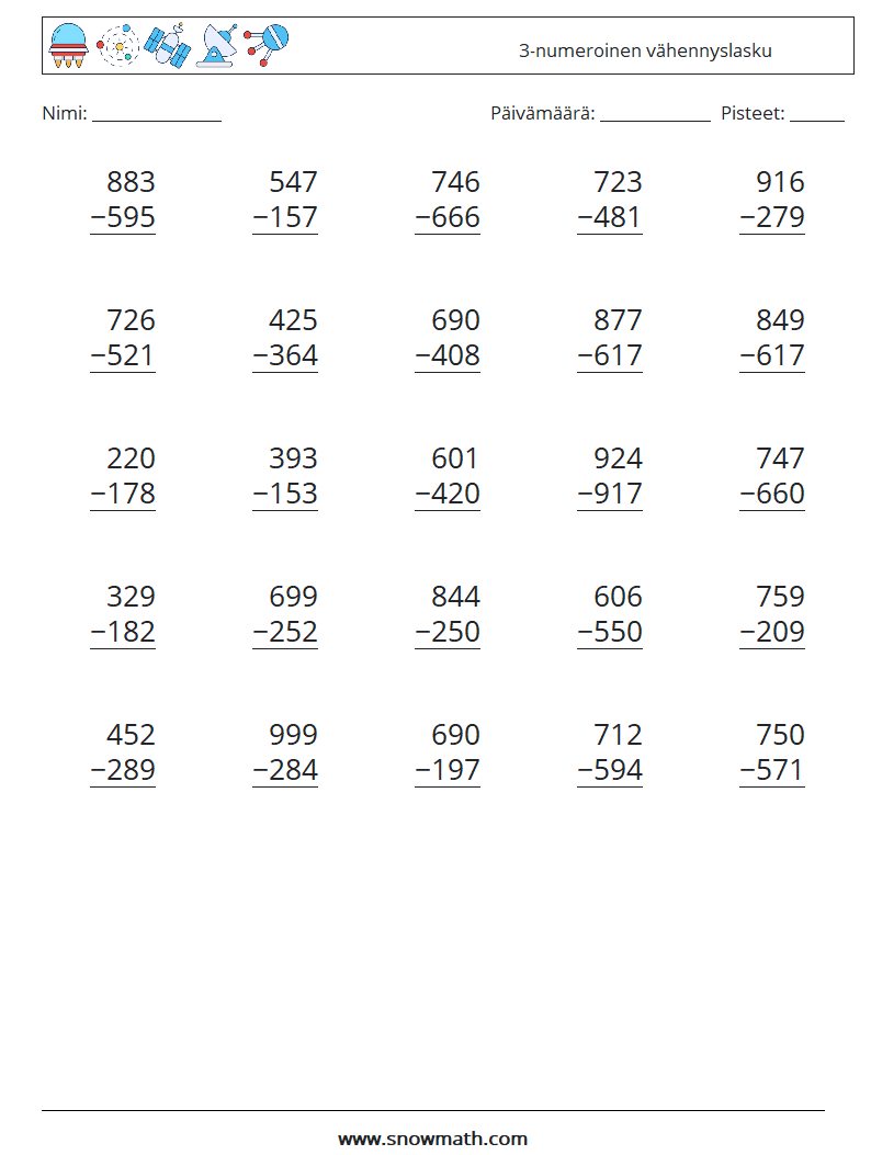 (25) 3-numeroinen vähennyslasku Matematiikan laskentataulukot 1