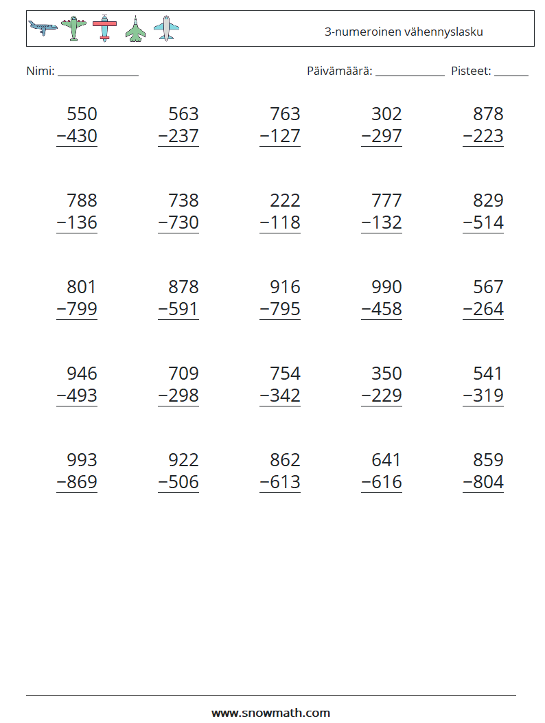 (25) 3-numeroinen vähennyslasku Matematiikan laskentataulukot 10