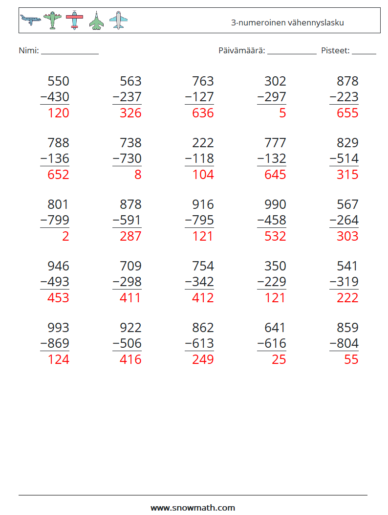 (25) 3-numeroinen vähennyslasku Matematiikan laskentataulukot 10 Kysymys, vastaus