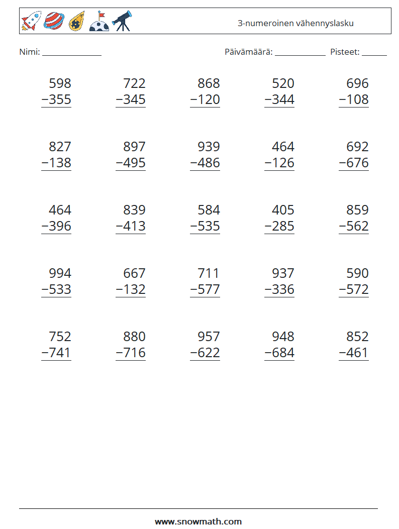 (25) 3-numeroinen vähennyslasku Matematiikan laskentataulukot 11