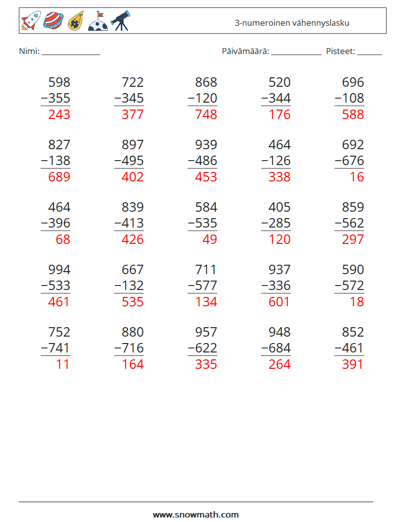 (25) 3-numeroinen vähennyslasku Matematiikan laskentataulukot 11 Kysymys, vastaus