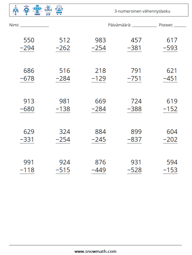 (25) 3-numeroinen vähennyslasku Matematiikan laskentataulukot 12