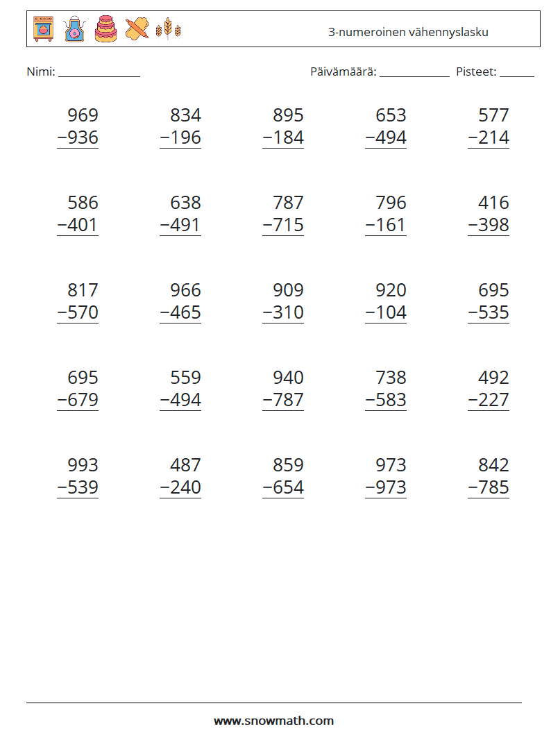 (25) 3-numeroinen vähennyslasku Matematiikan laskentataulukot 13