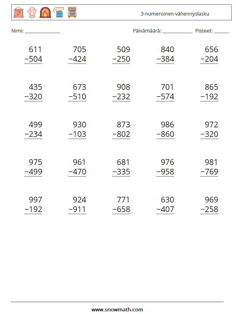 (25) 3-numeroinen vähennyslasku Matematiikan laskentataulukot 14