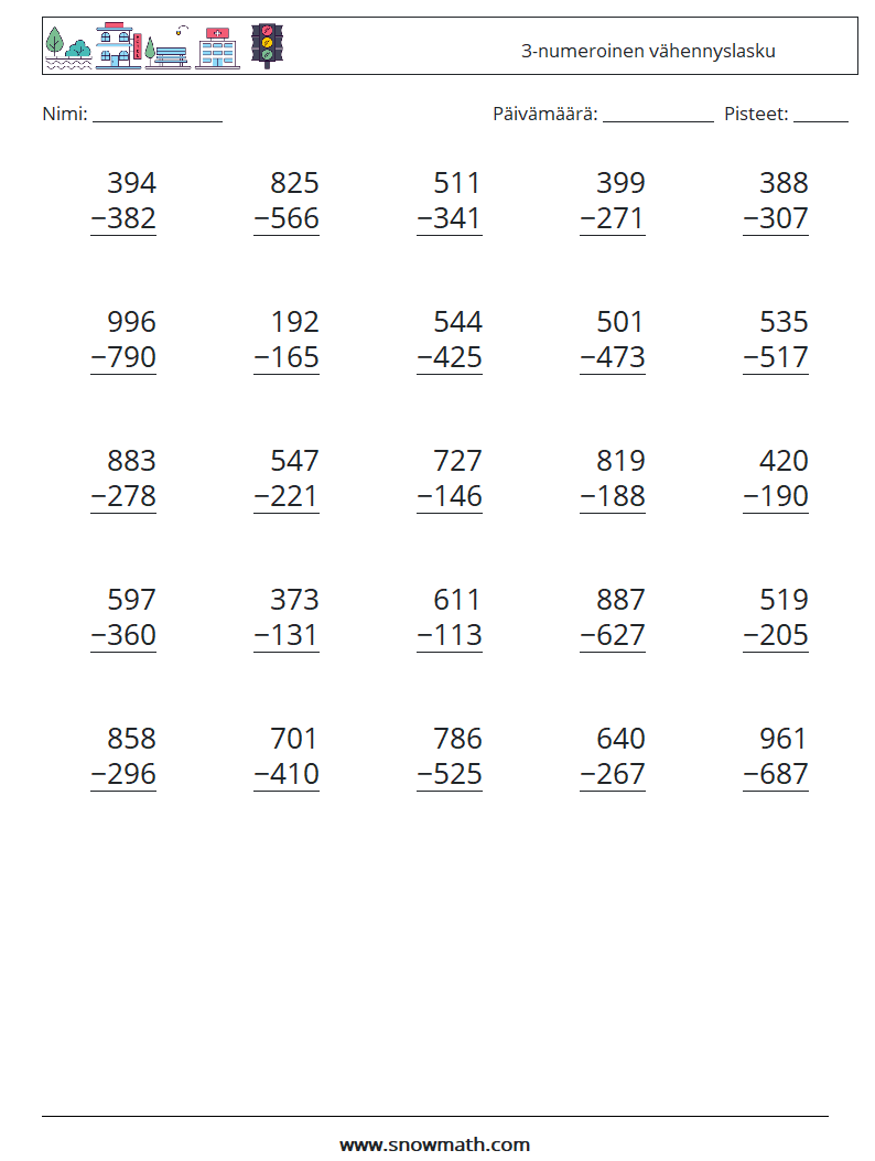 (25) 3-numeroinen vähennyslasku Matematiikan laskentataulukot 16