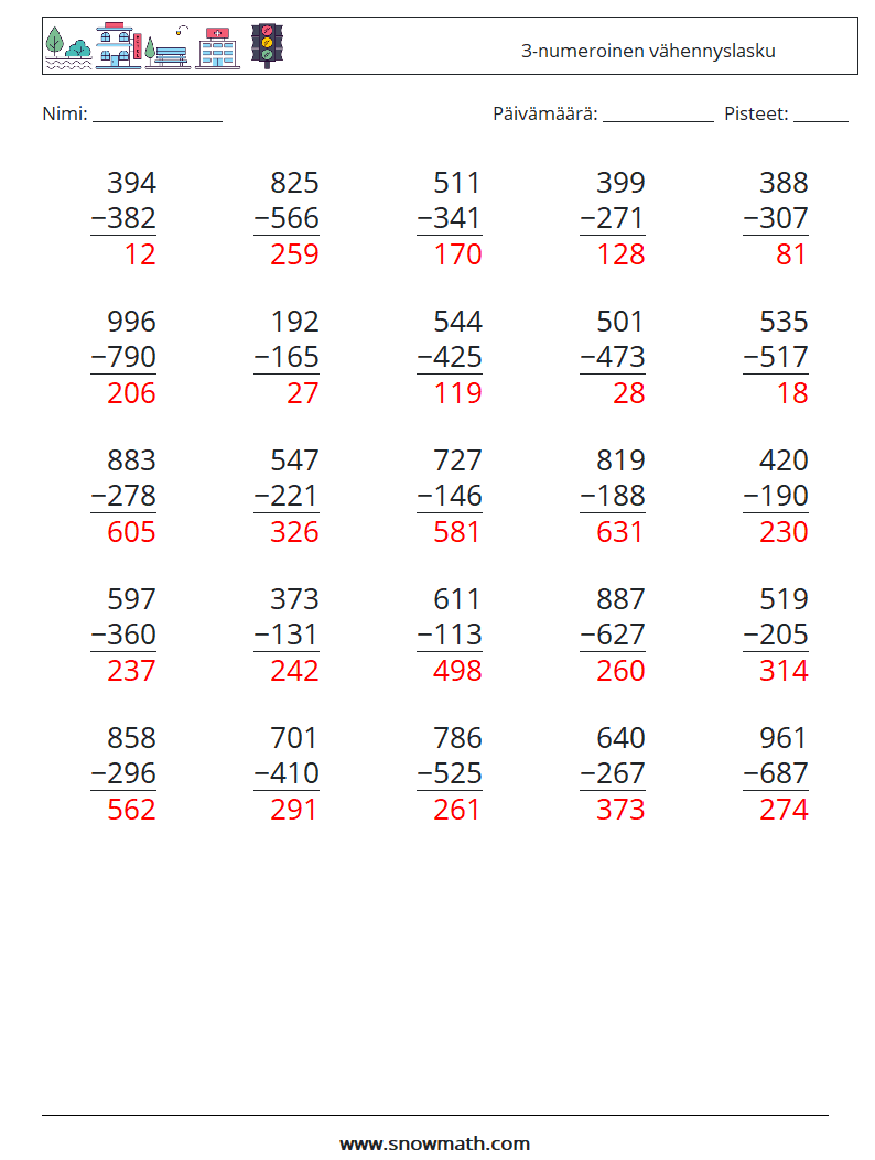 (25) 3-numeroinen vähennyslasku Matematiikan laskentataulukot 16 Kysymys, vastaus