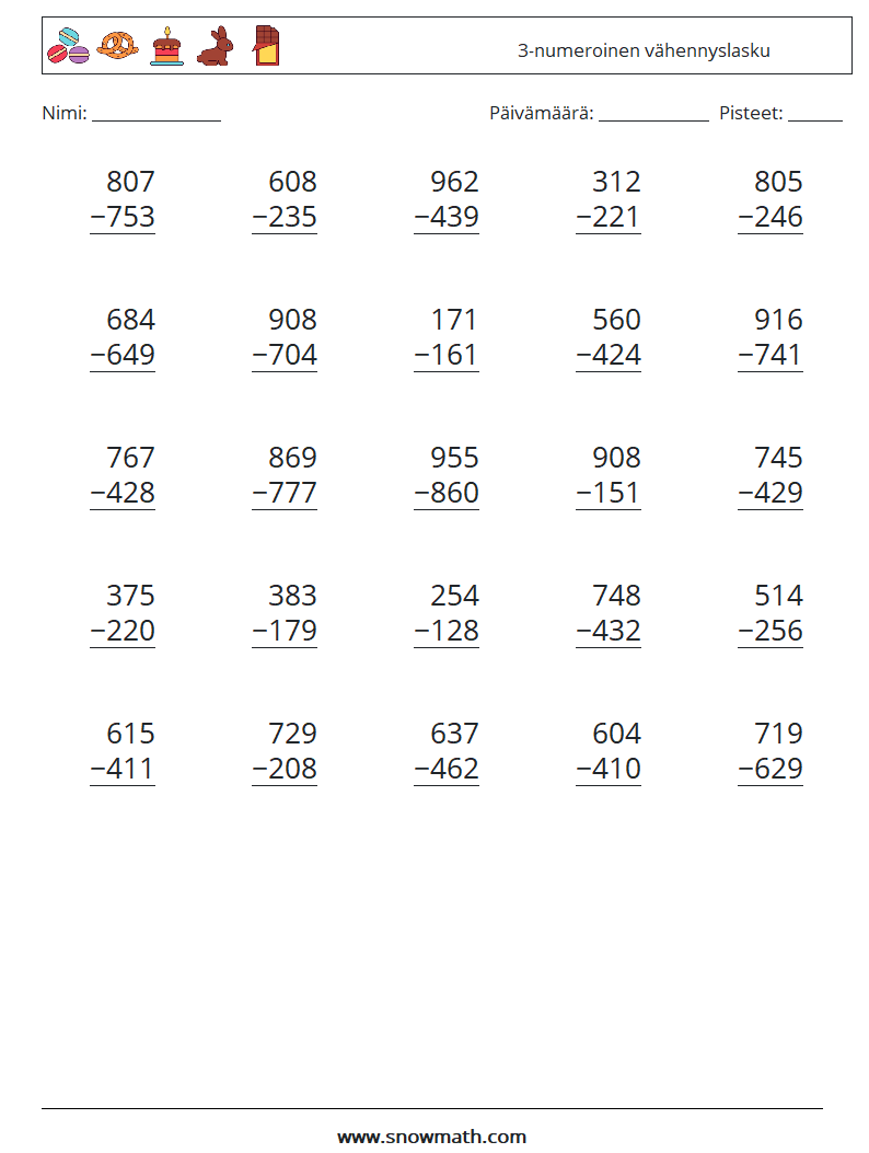 (25) 3-numeroinen vähennyslasku Matematiikan laskentataulukot 17