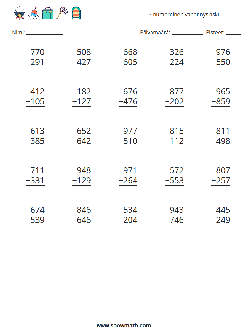 (25) 3-numeroinen vähennyslasku Matematiikan laskentataulukot 18