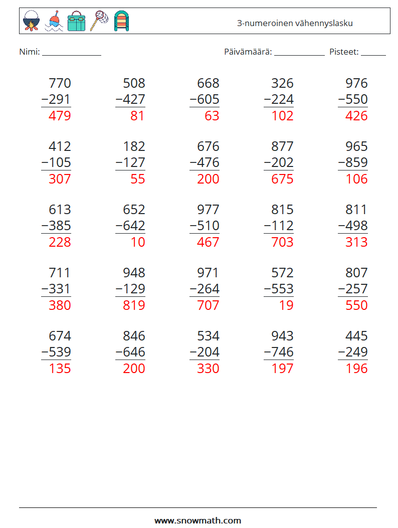 (25) 3-numeroinen vähennyslasku Matematiikan laskentataulukot 18 Kysymys, vastaus