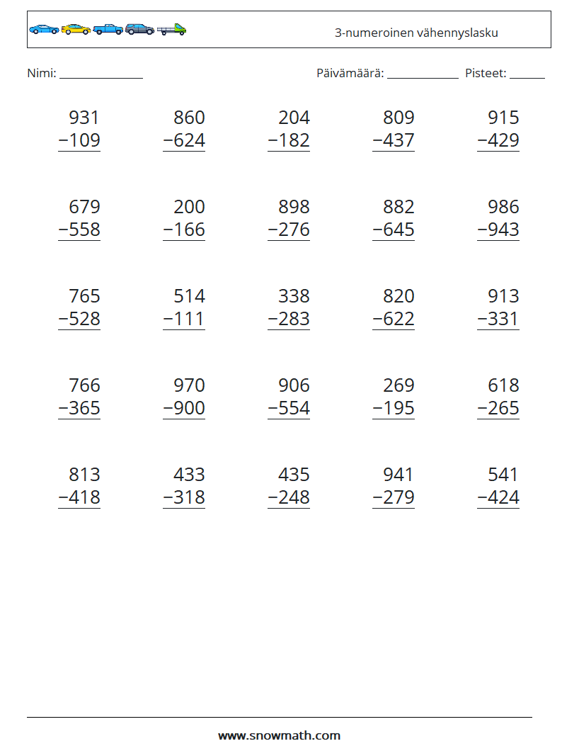 (25) 3-numeroinen vähennyslasku Matematiikan laskentataulukot 2