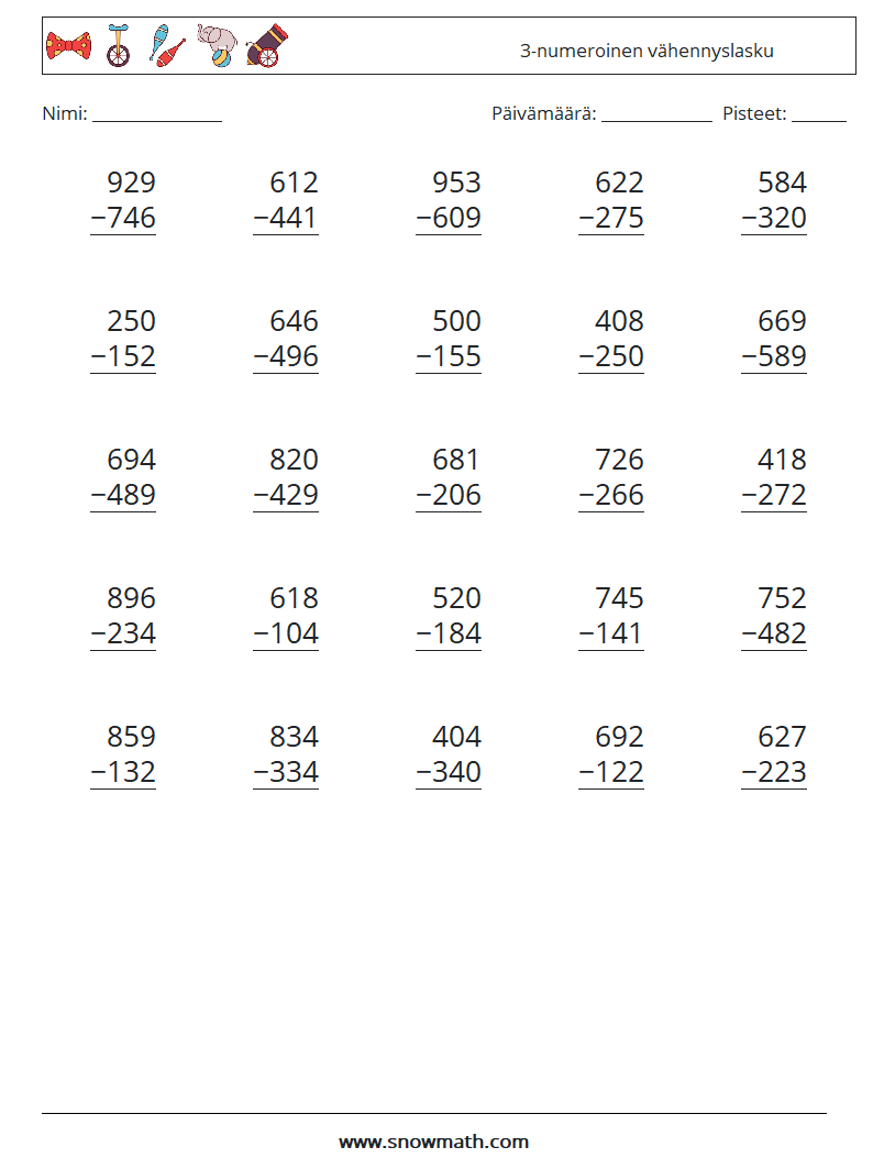 (25) 3-numeroinen vähennyslasku Matematiikan laskentataulukot 3