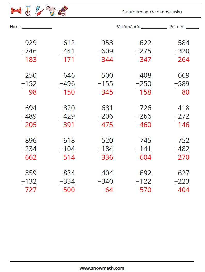 (25) 3-numeroinen vähennyslasku Matematiikan laskentataulukot 3 Kysymys, vastaus