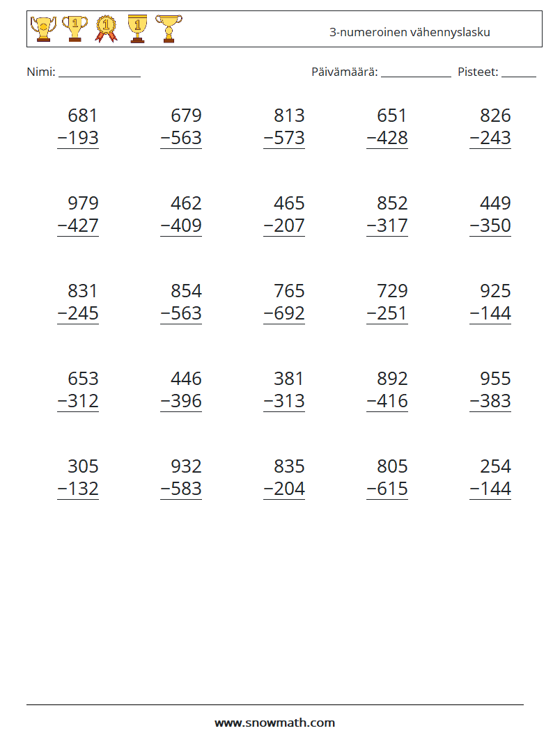 (25) 3-numeroinen vähennyslasku Matematiikan laskentataulukot 4