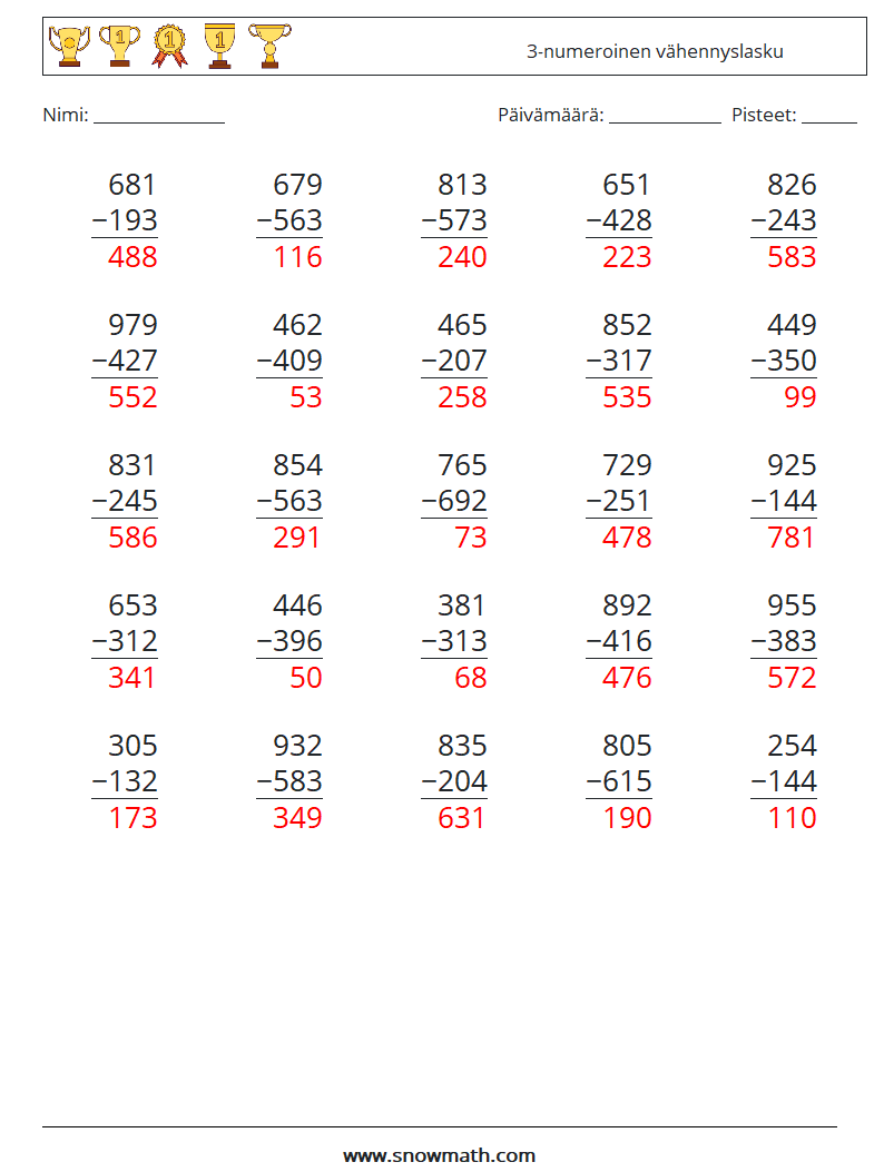 (25) 3-numeroinen vähennyslasku Matematiikan laskentataulukot 4 Kysymys, vastaus