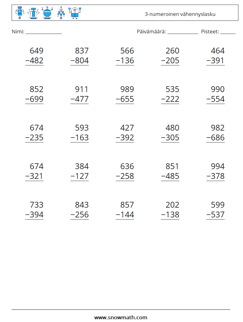 (25) 3-numeroinen vähennyslasku Matematiikan laskentataulukot 5