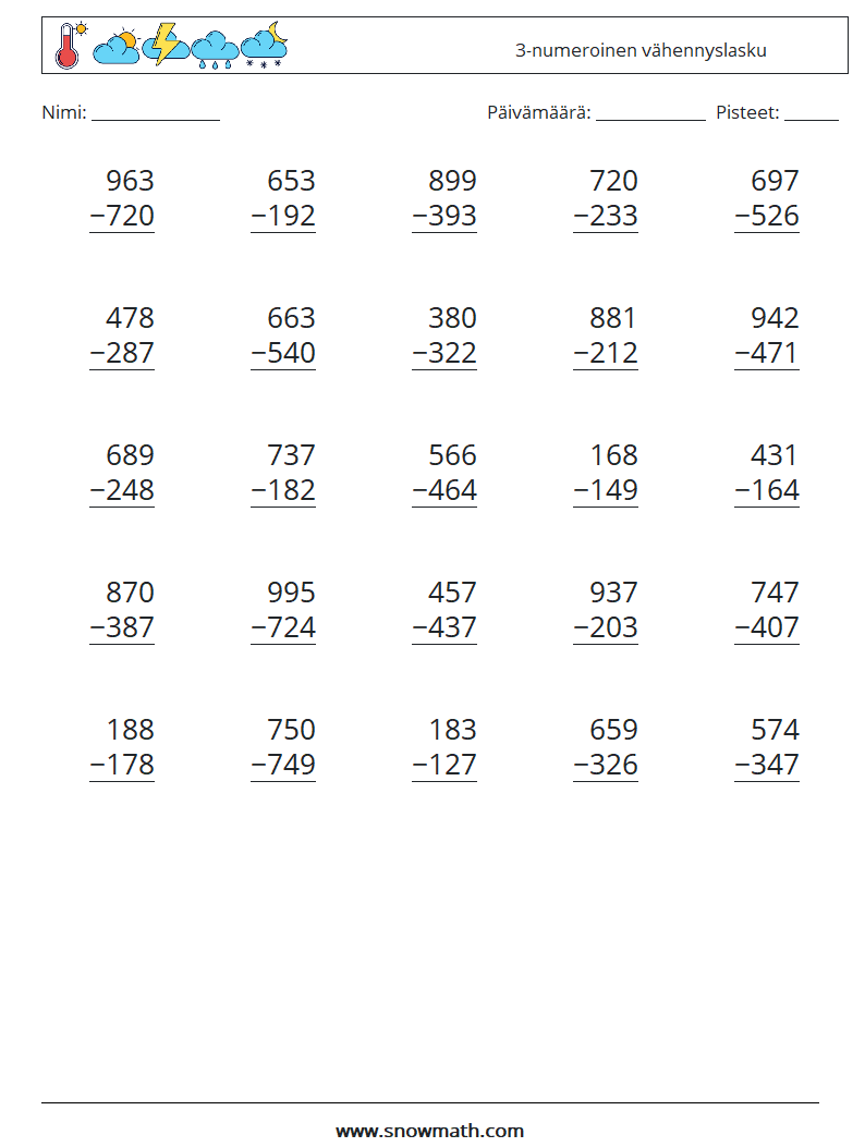 (25) 3-numeroinen vähennyslasku Matematiikan laskentataulukot 7