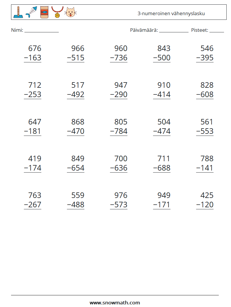 (25) 3-numeroinen vähennyslasku Matematiikan laskentataulukot 8