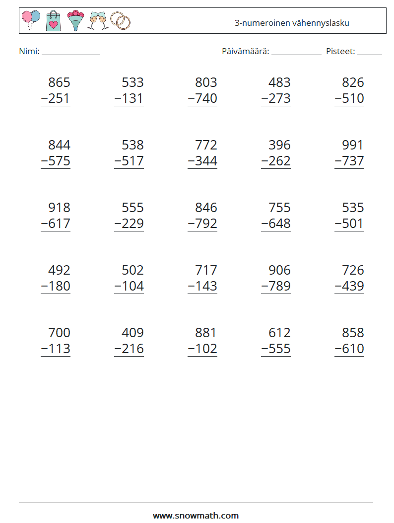 (25) 3-numeroinen vähennyslasku Matematiikan laskentataulukot 9