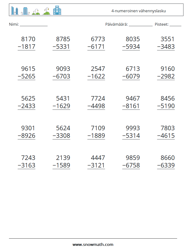 (25) 4-numeroinen vähennyslasku Matematiikan laskentataulukot 14