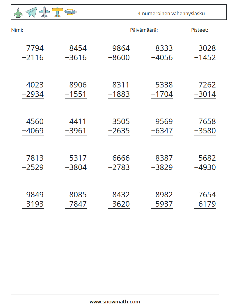 (25) 4-numeroinen vähennyslasku Matematiikan laskentataulukot 3