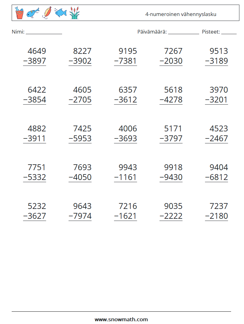 (25) 4-numeroinen vähennyslasku Matematiikan laskentataulukot 4