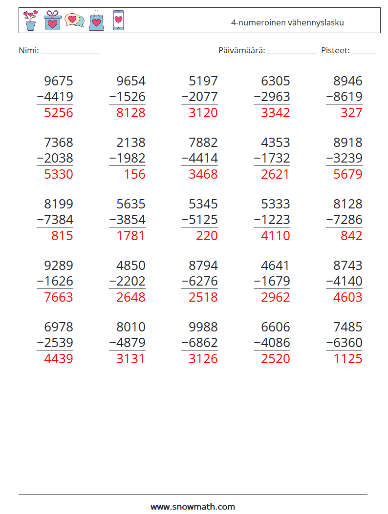 (25) 4-numeroinen vähennyslasku Matematiikan laskentataulukot 8 Kysymys, vastaus