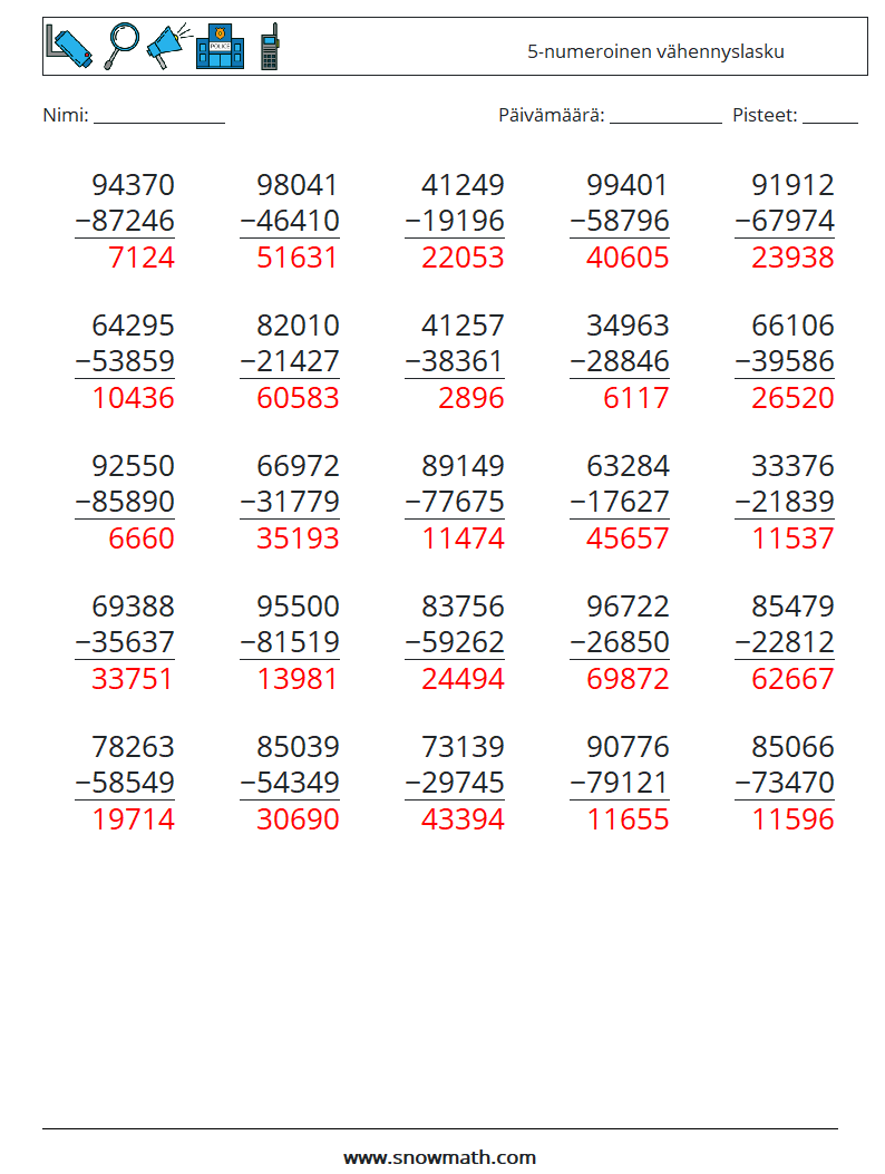 (25) 5-numeroinen vähennyslasku Matematiikan laskentataulukot 14 Kysymys, vastaus