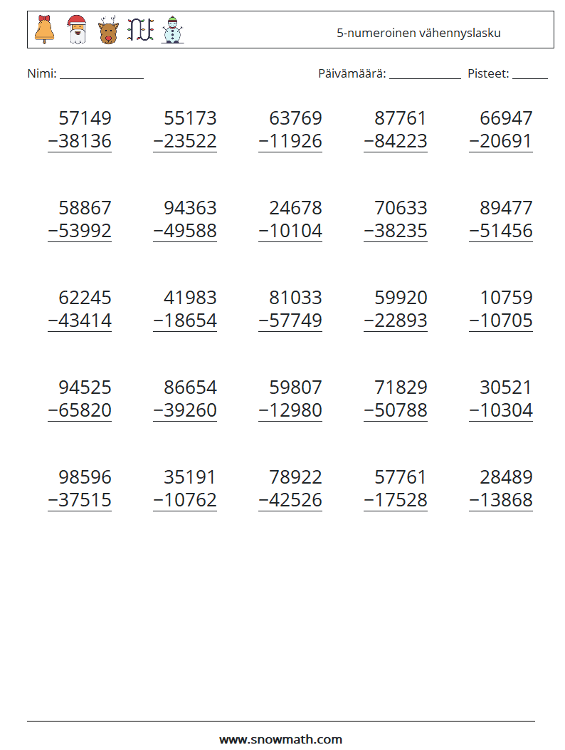 (25) 5-numeroinen vähennyslasku Matematiikan laskentataulukot 17