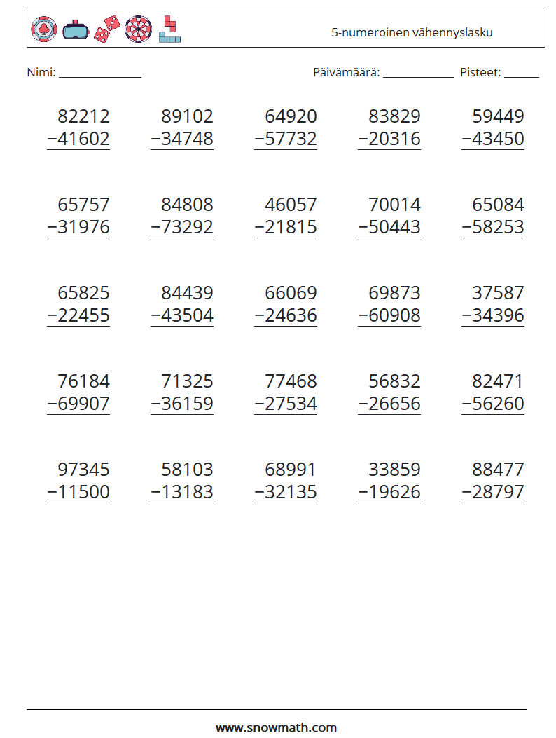(25) 5-numeroinen vähennyslasku Matematiikan laskentataulukot 2
