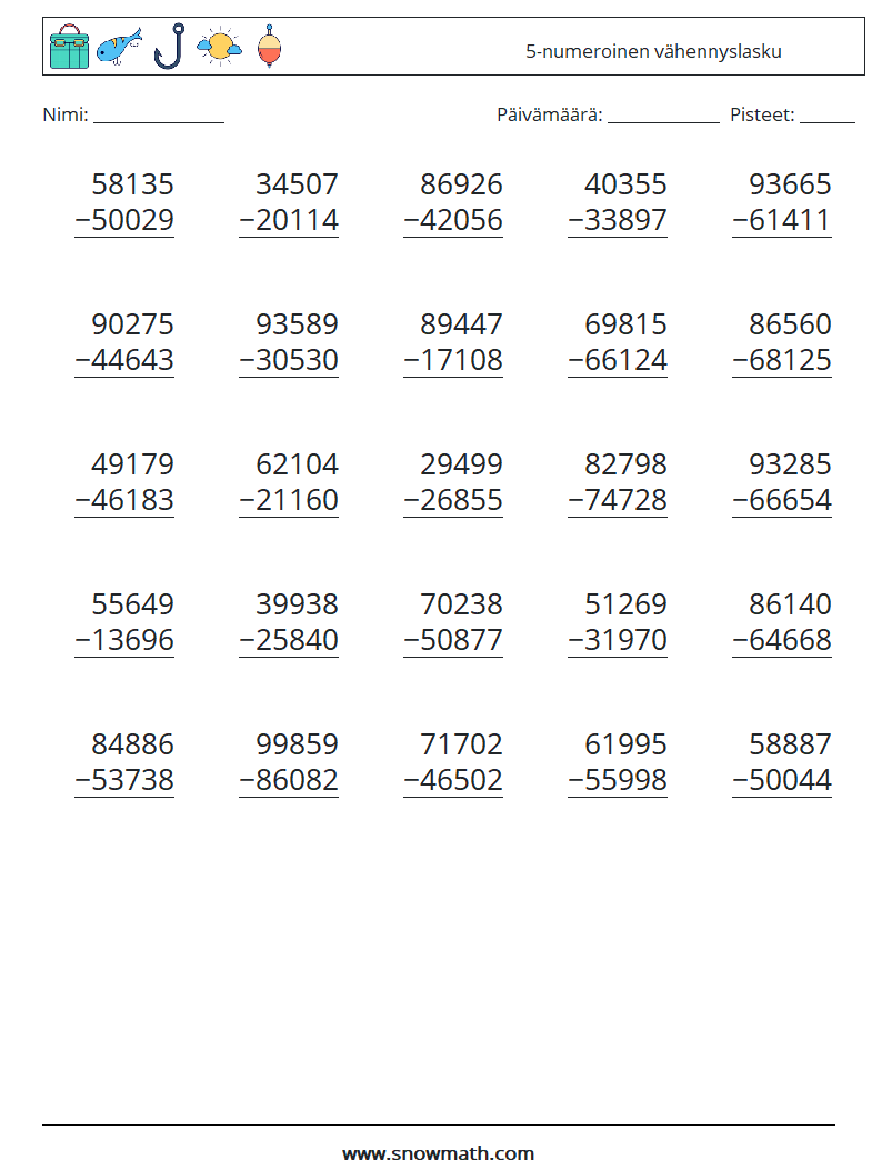 (25) 5-numeroinen vähennyslasku Matematiikan laskentataulukot 4