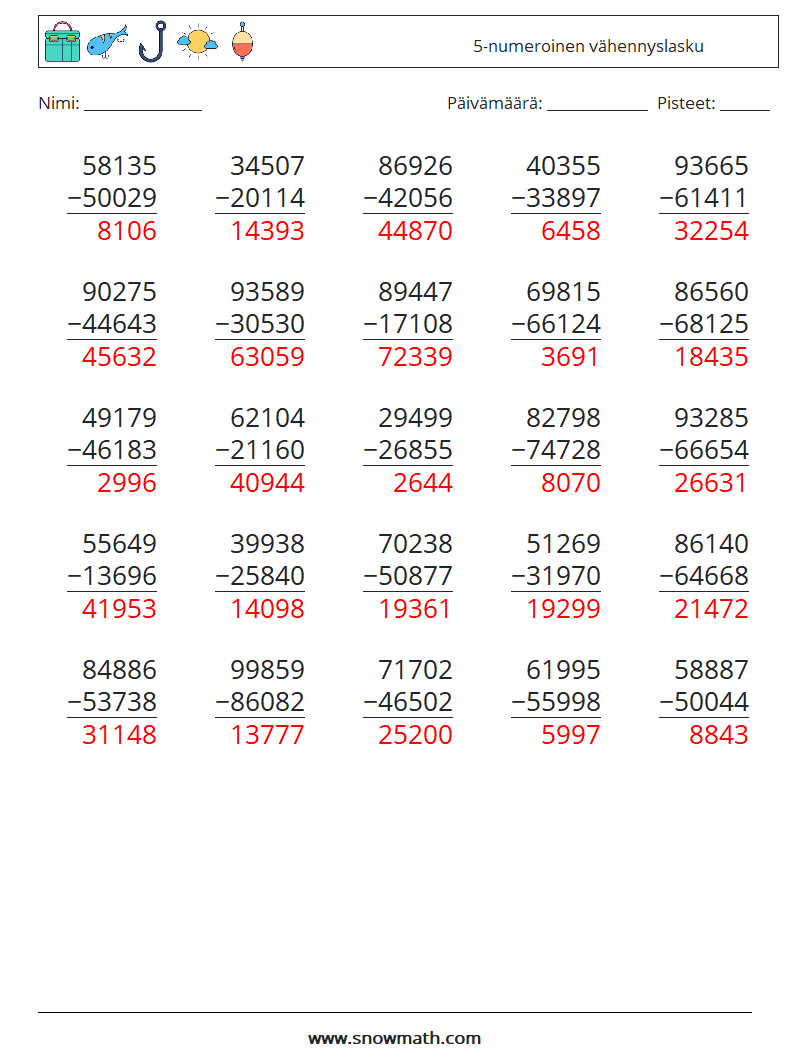 (25) 5-numeroinen vähennyslasku Matematiikan laskentataulukot 4 Kysymys, vastaus