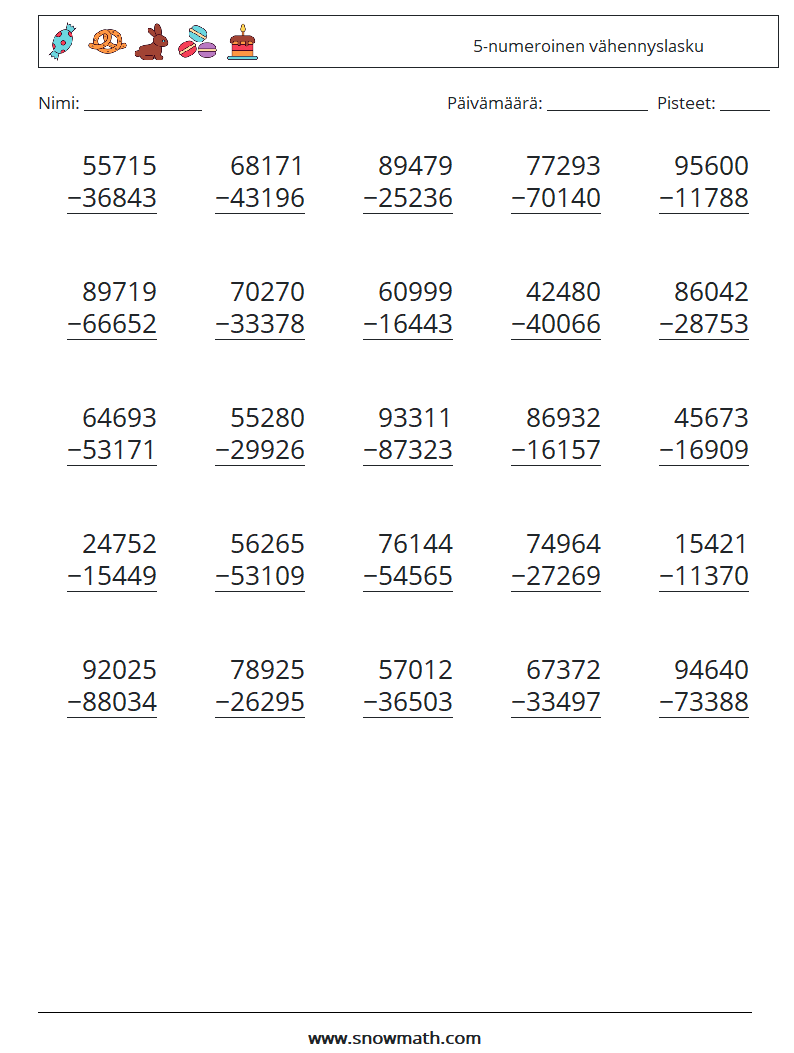 (25) 5-numeroinen vähennyslasku Matematiikan laskentataulukot 6