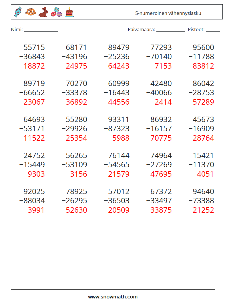 (25) 5-numeroinen vähennyslasku Matematiikan laskentataulukot 6 Kysymys, vastaus
