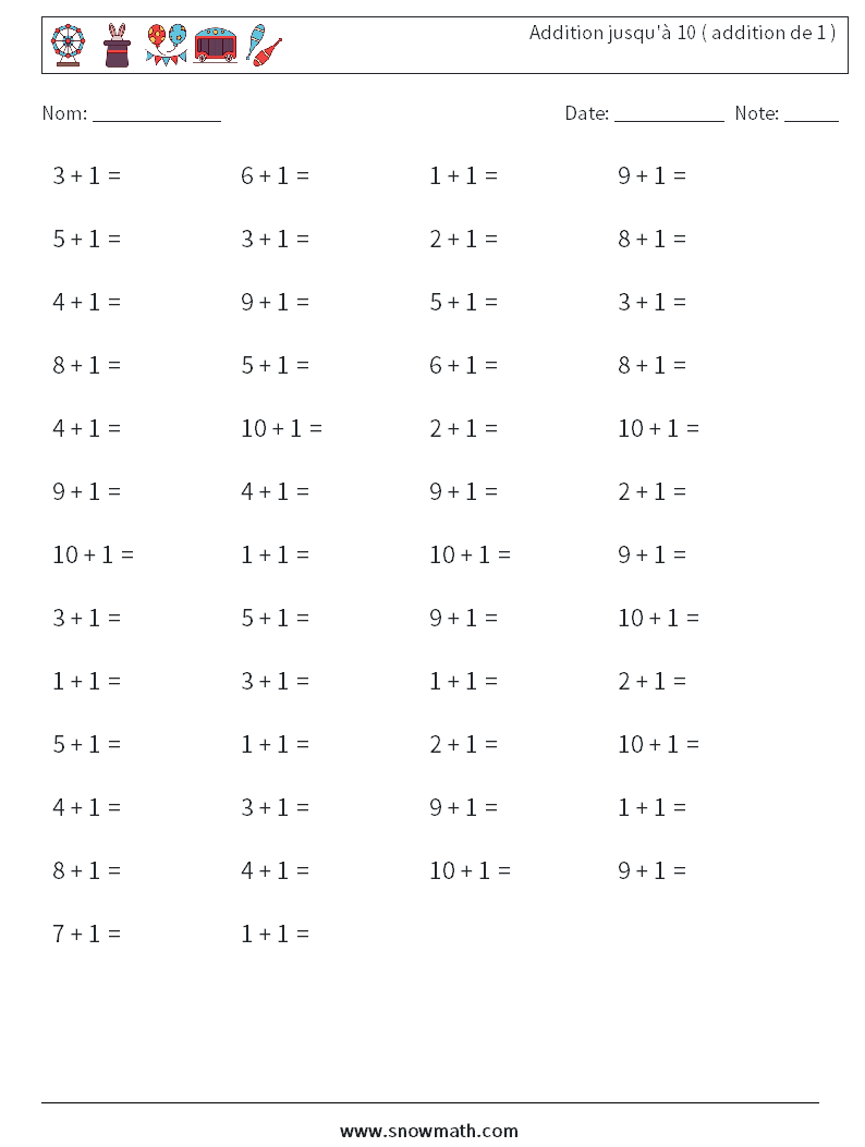 (50) Addition jusqu'à 10 ( addition de 1 ) Fiches d'Exercices de Mathématiques 1