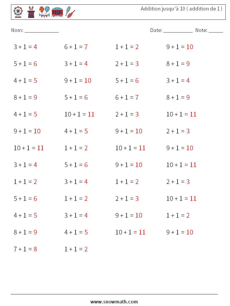 (50) Addition jusqu'à 10 ( addition de 1 ) Fiches d'Exercices de Mathématiques 1 Question, Réponse