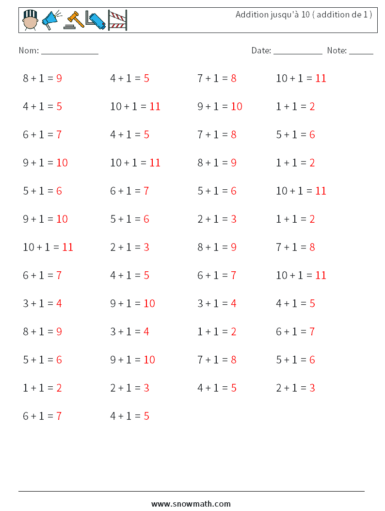 (50) Addition jusqu'à 10 ( addition de 1 ) Fiches d'Exercices de Mathématiques 2 Question, Réponse