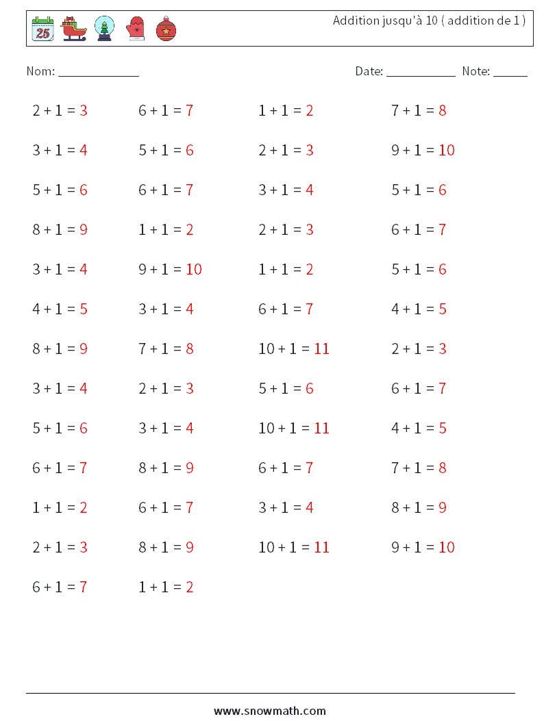 (50) Addition jusqu'à 10 ( addition de 1 ) Fiches d'Exercices de Mathématiques 3 Question, Réponse
