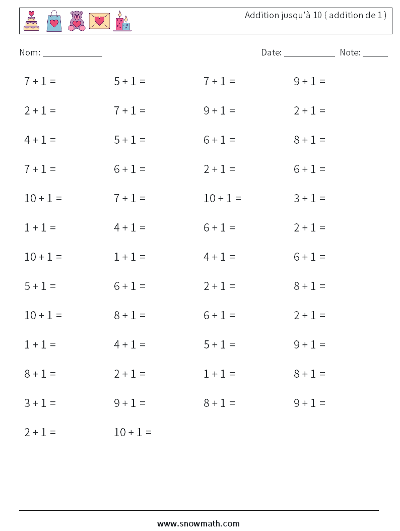 (50) Addition jusqu'à 10 ( addition de 1 ) Fiches d'Exercices de Mathématiques 4
