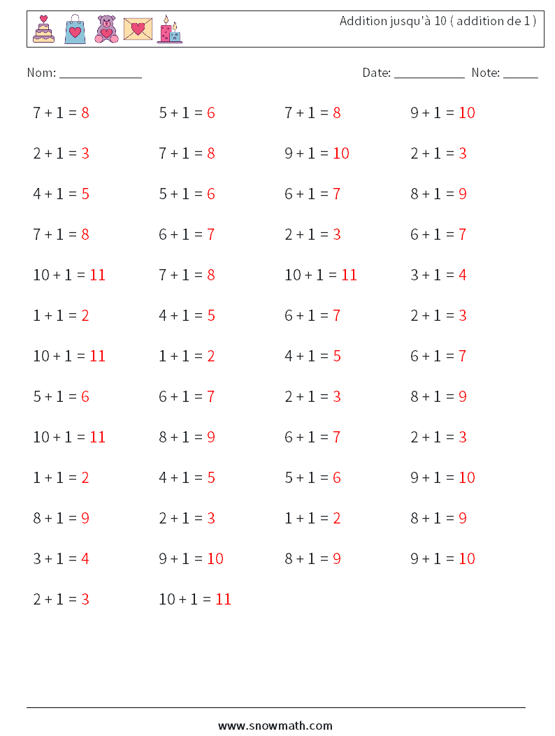 (50) Addition jusqu'à 10 ( addition de 1 ) Fiches d'Exercices de Mathématiques 4 Question, Réponse