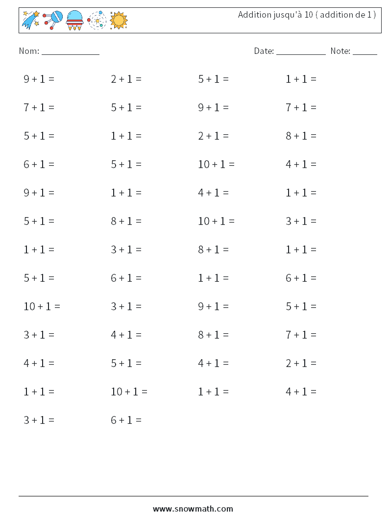 (50) Addition jusqu'à 10 ( addition de 1 ) Fiches d'Exercices de Mathématiques 6